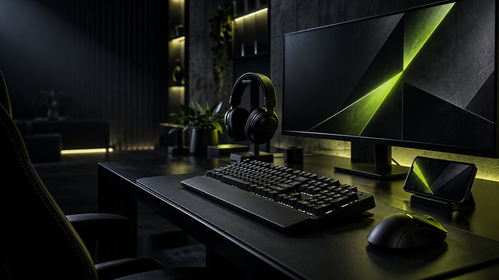 Composição conceitual de um setup gamer com teclado, headset, monitor e celular